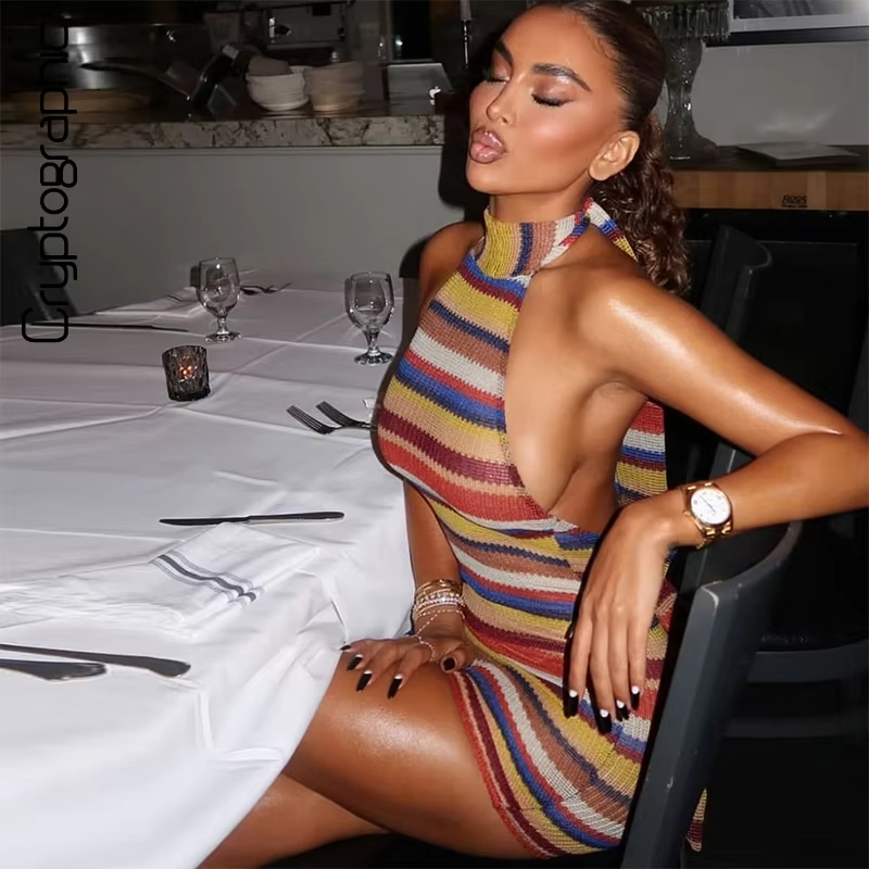 Y2K Backless Halter Mini Dress - Striped Knit Halter Mini Dress Colorful