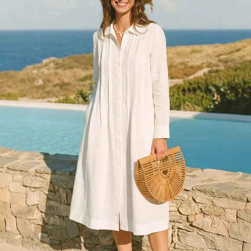 Casual Loose Linen Shirt Dress - European Solid Long Dress Loose Casual