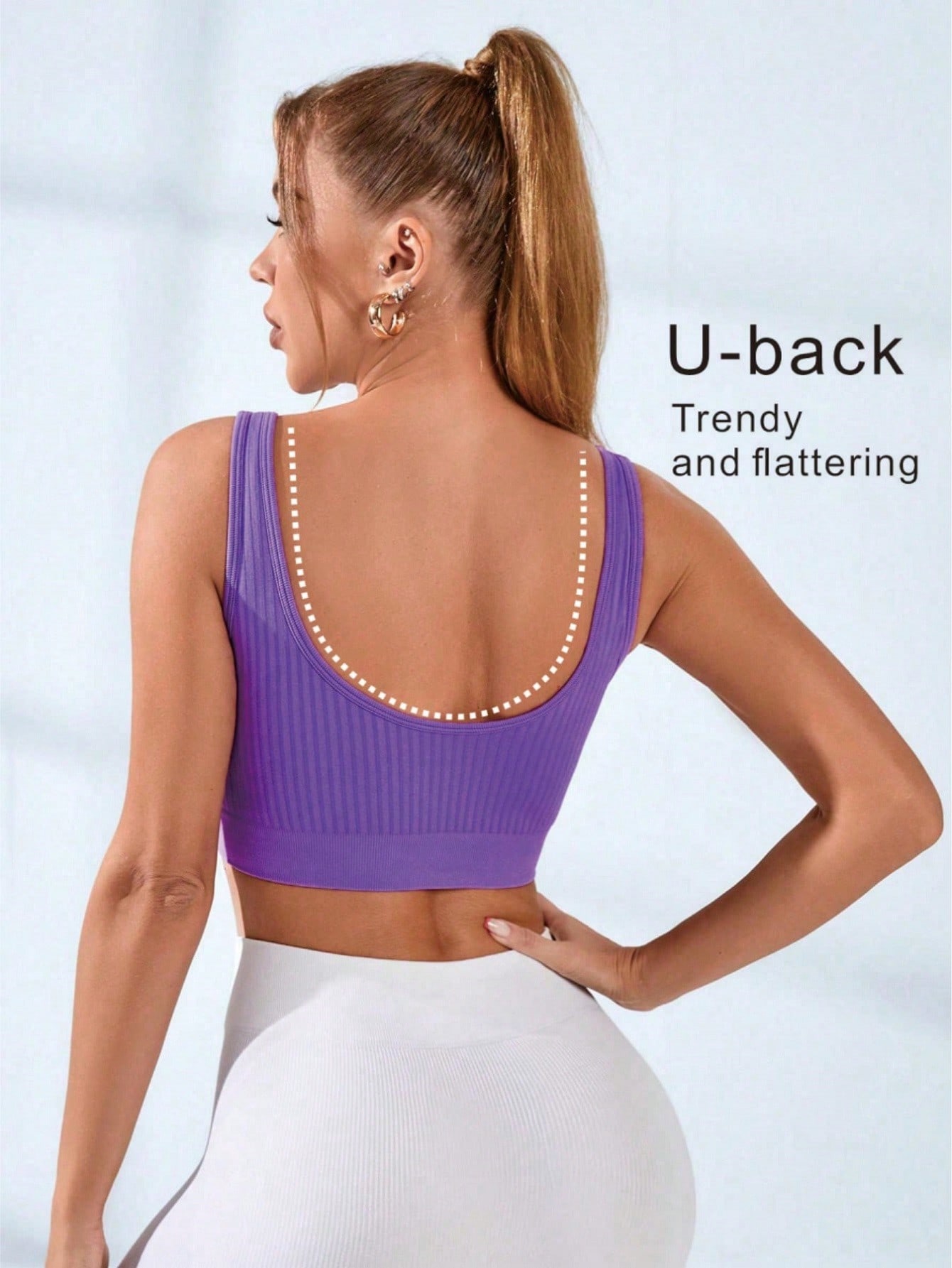 Seamless Ribbed Workout Tank Top - Women's Ribbed U-Neck Sports Bra Seamless