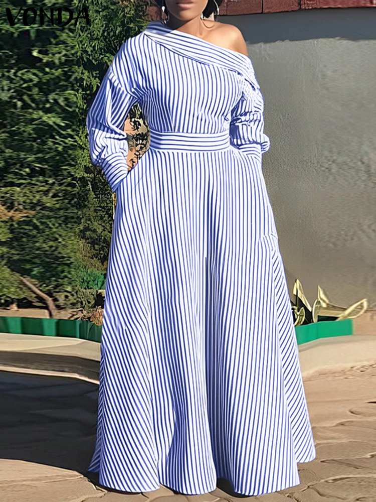 Off Shoulder Puff Sleeve Sundress - VONDA 2024 Women Elegant Striped Maxi