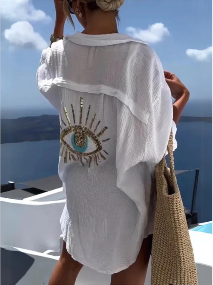 Casual Loose Linen Shirt Dress - Spring Summer Casual Sequin Eye Shirt