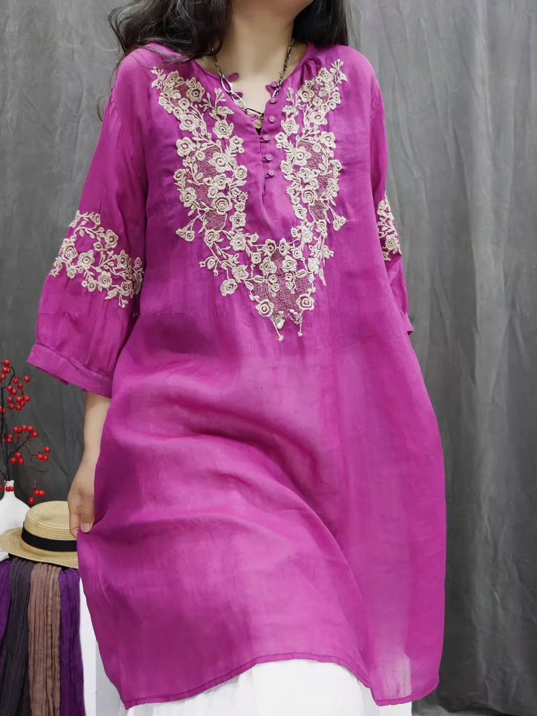 Casual Loose Linen Shirt Dress - Retro Cotton Linen Embroidered Loose Fit