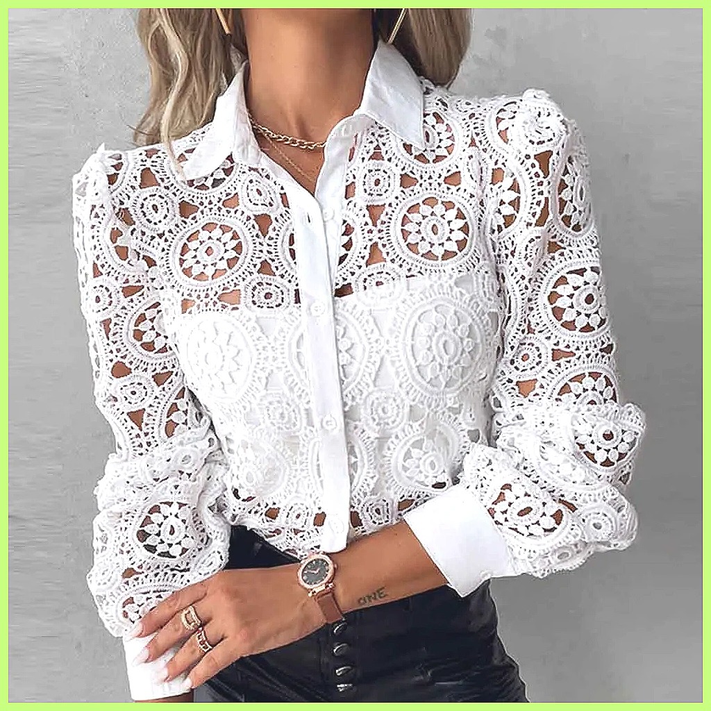 Blouses - 2025 Women's White Lace Shirt, Elegant