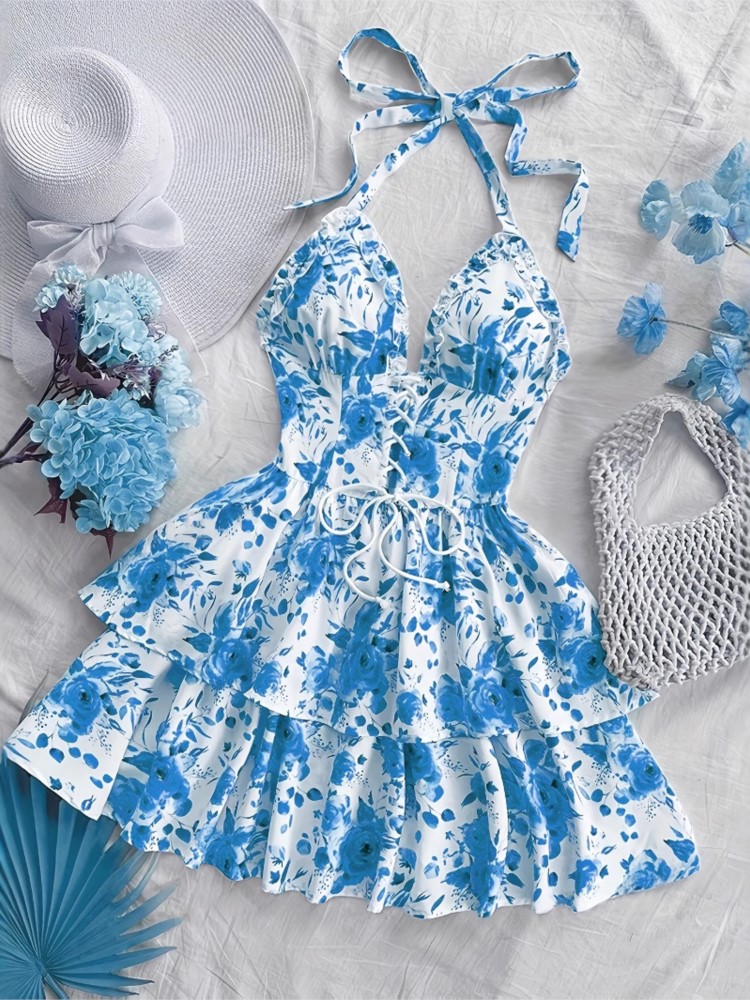 French Vintage Floral Midi Dress - Women Vacation Style Retro Short Dresses
