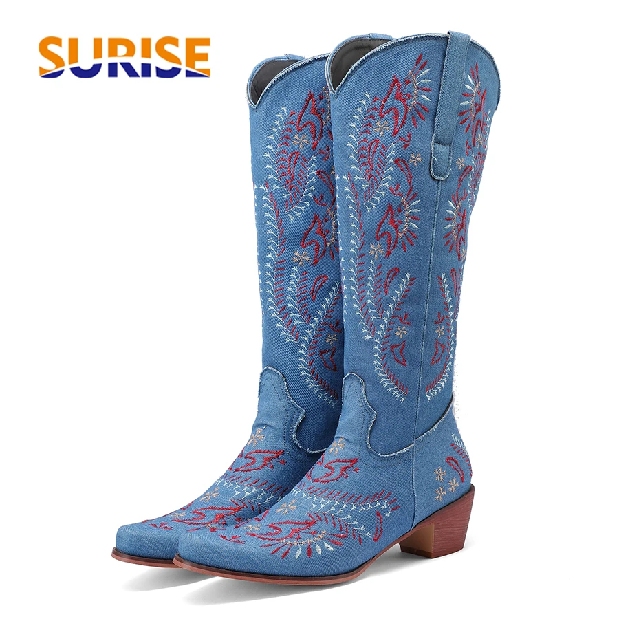 Jeans - Blue Denim Western Cowgirl Knee High