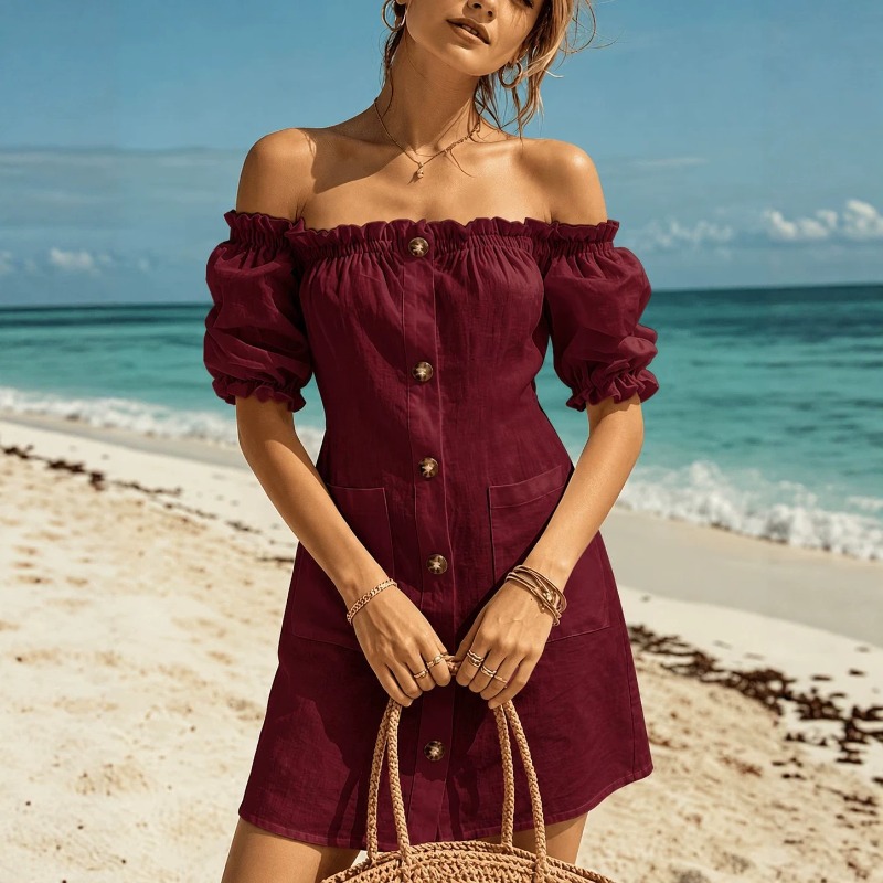 Women Off Shoulder Mini Dress  - Off Shoulder Puff Sleeve Sundress recension och pris