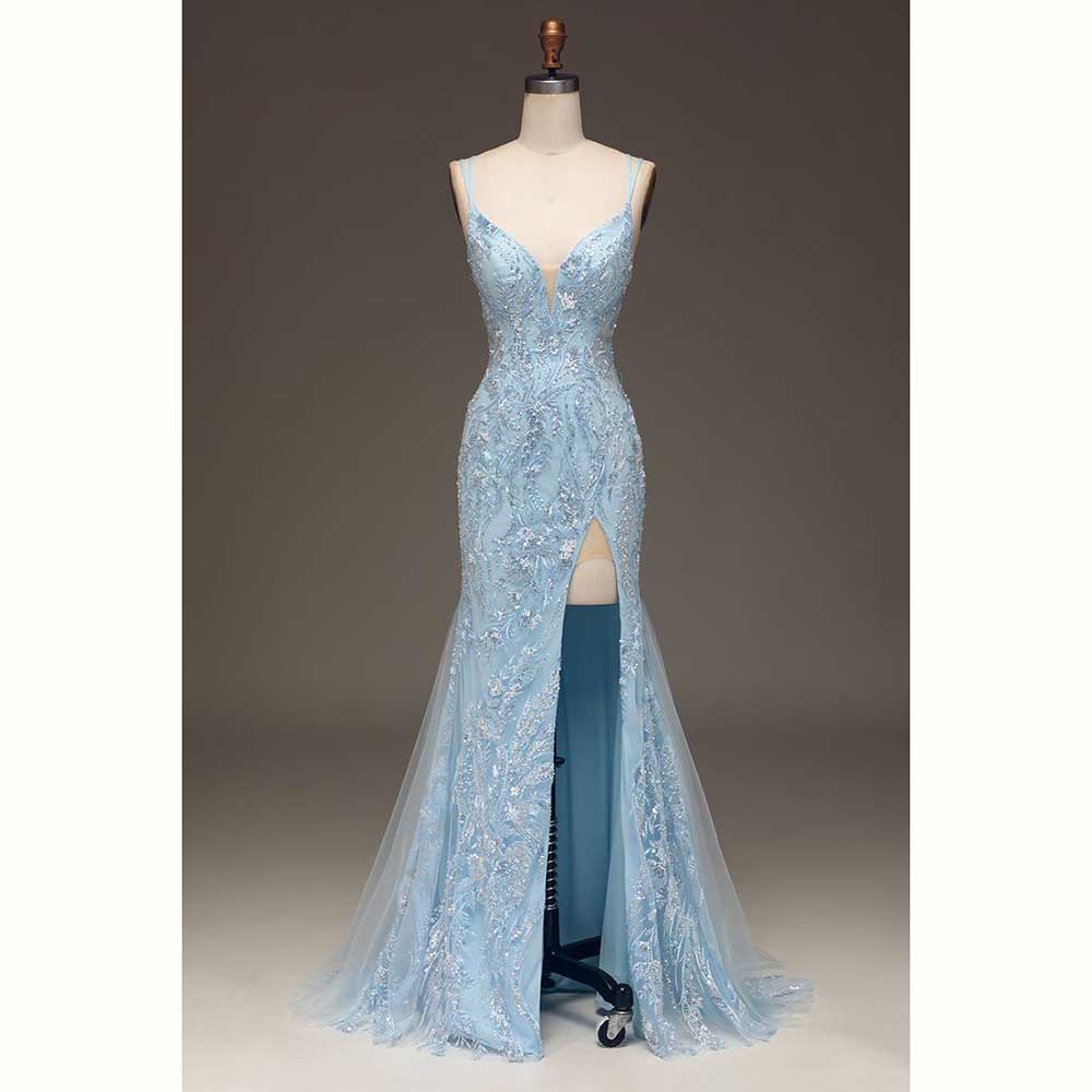 Elegant Light Blue Satin Women - Elegant Satin Evening Gown Split recension och pris