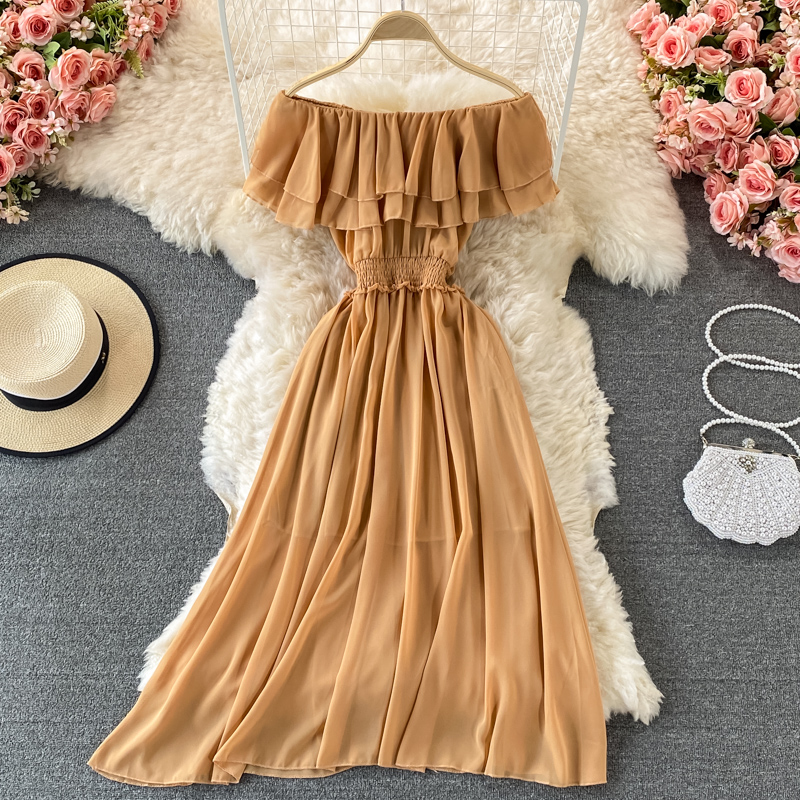 Yellow Solid Women's Beach Dre - Off Shoulder Puff Sleeve Sundress recension och pris