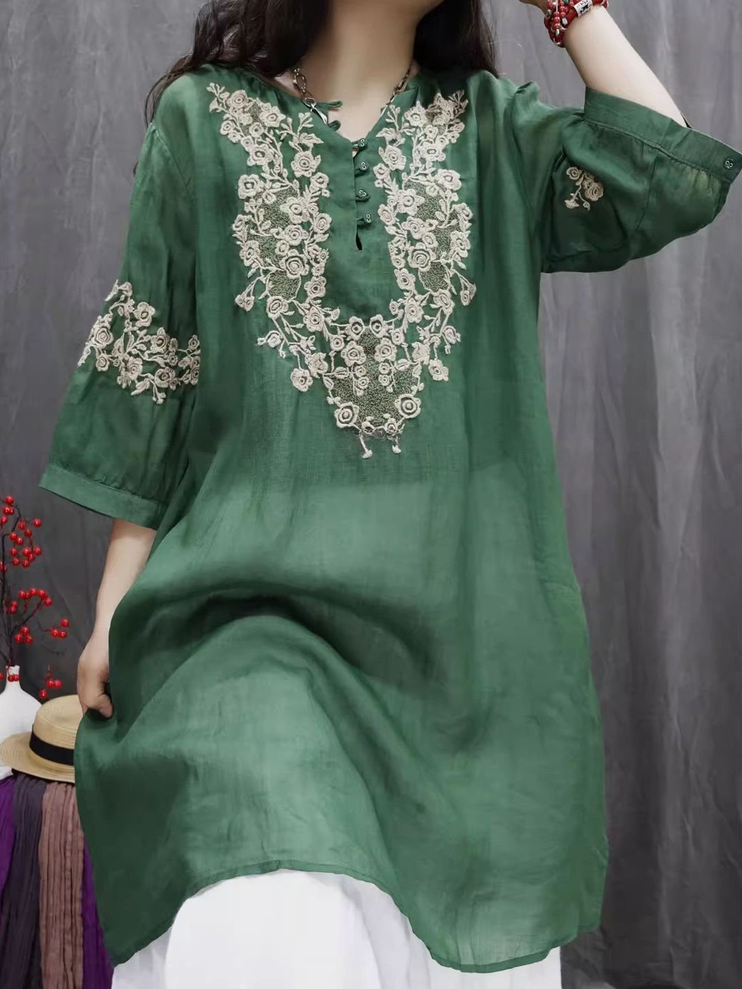 Retro Cotton Linen Embroidered - Casual Loose Linen Shirt Dress recension och pris