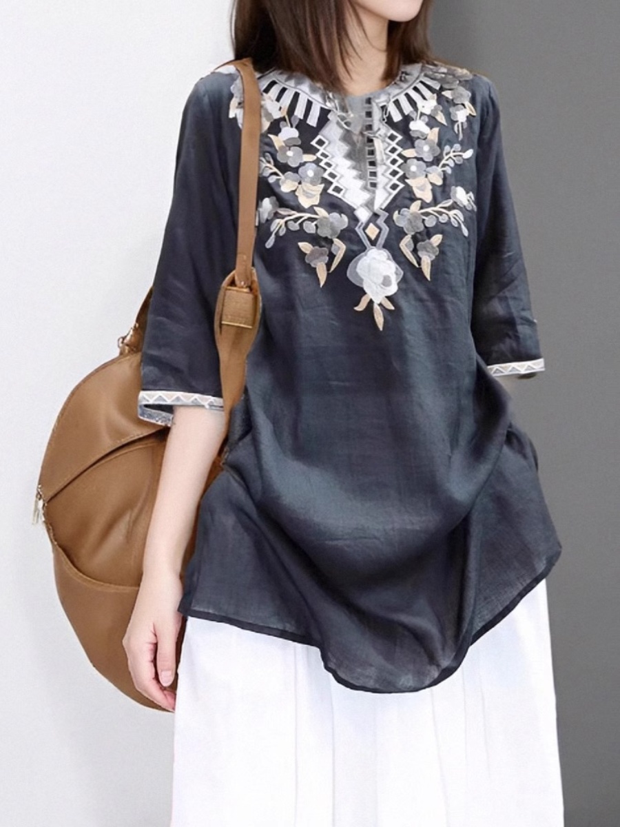 Elegant Embroidered Linen Shir - Casual Loose Linen Shirt Dress recension och pris