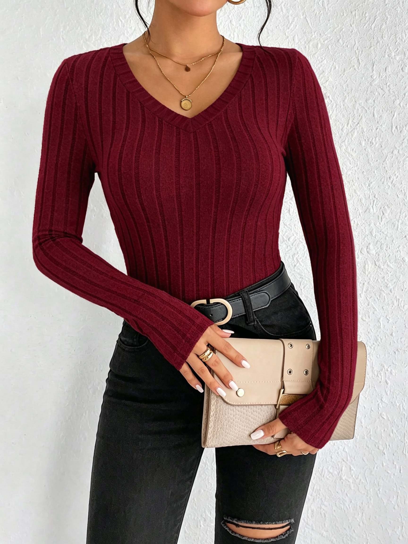 Women Solid V‑Neck Ribbed Knit - Blouses recension och pris