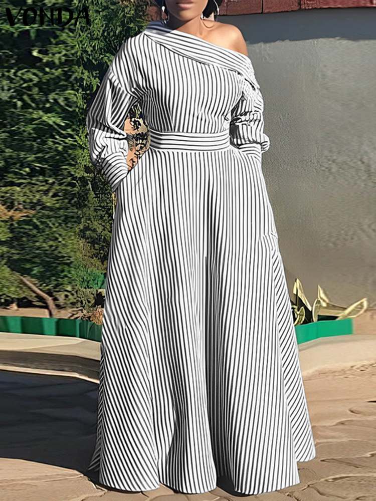 VONDA 2024 Women Elegant Strip - Off Shoulder Puff Sleeve Sundress recension och pris