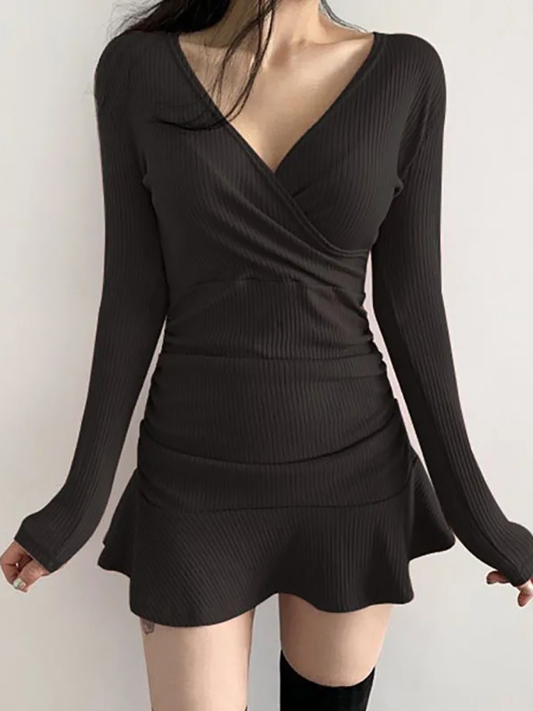 AOSSVIAO Black Knitted Ribbed  - Bodycon Long Sleeve Ribbed Dress recension och pris