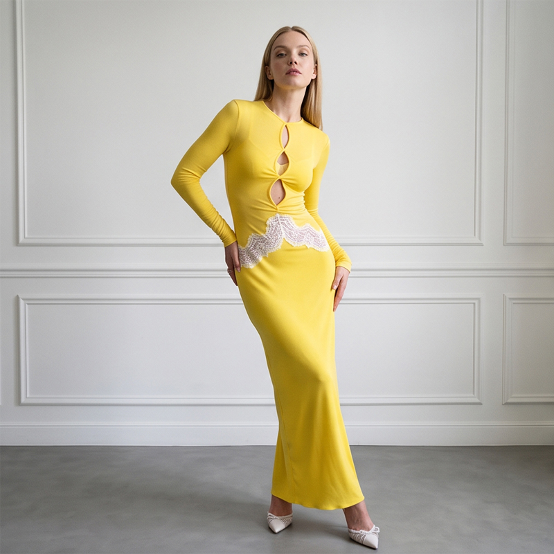 Women Yellow Lace Cutout Long  - Bodycon Long Sleeve Ribbed Dress recension och pris