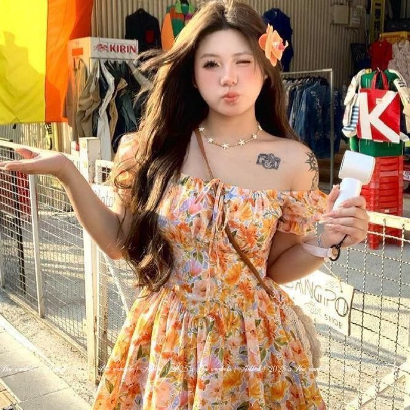 Womens Orange Floral Print Off - Off Shoulder Puff Sleeve Sundress recension och pris