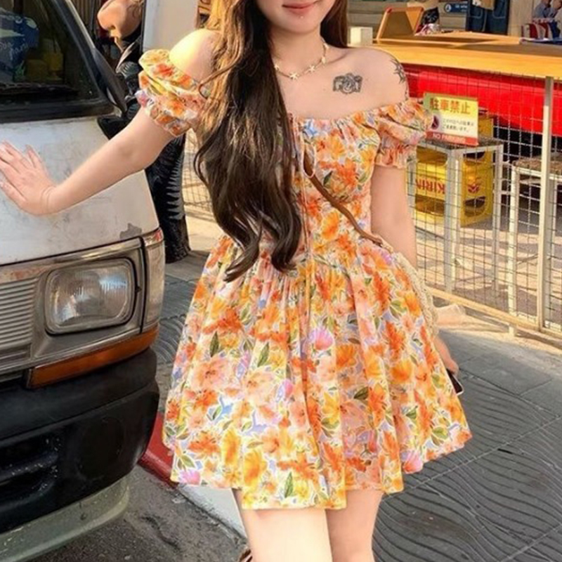 2026 new Orange Floral Print O - Off Shoulder Puff Sleeve Sundress recension och pris