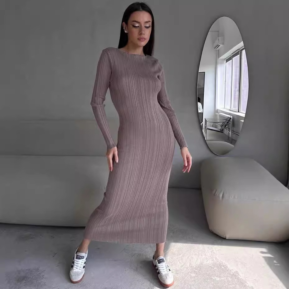 Women's Elegant Crew Neck Wais - Bodycon Long Sleeve Ribbed Dress recension och pris