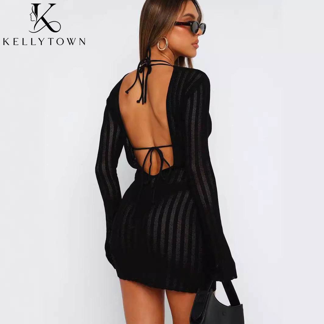 Backless Dress Sexy Rib Knit M - Bodycon Long Sleeve Ribbed Dress recension och pris