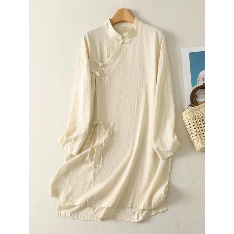 Women's Chinese Style Frog But - Casual Loose Linen Shirt Dress recension och pris