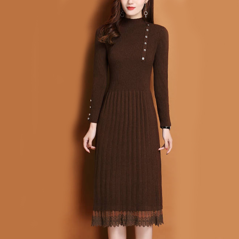 Lace Hem Buttons Women Autumn  - Bodycon Long Sleeve Ribbed Dress recension och pris
