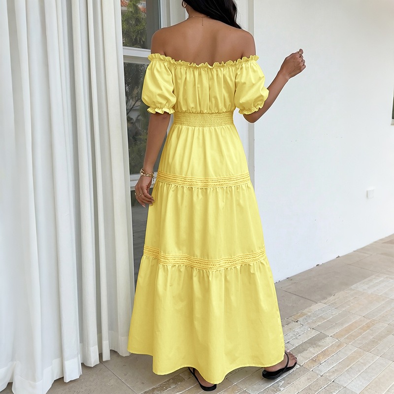 Summer Bohemian Women Yellow O - Off Shoulder Puff Sleeve Sundress recension och pris