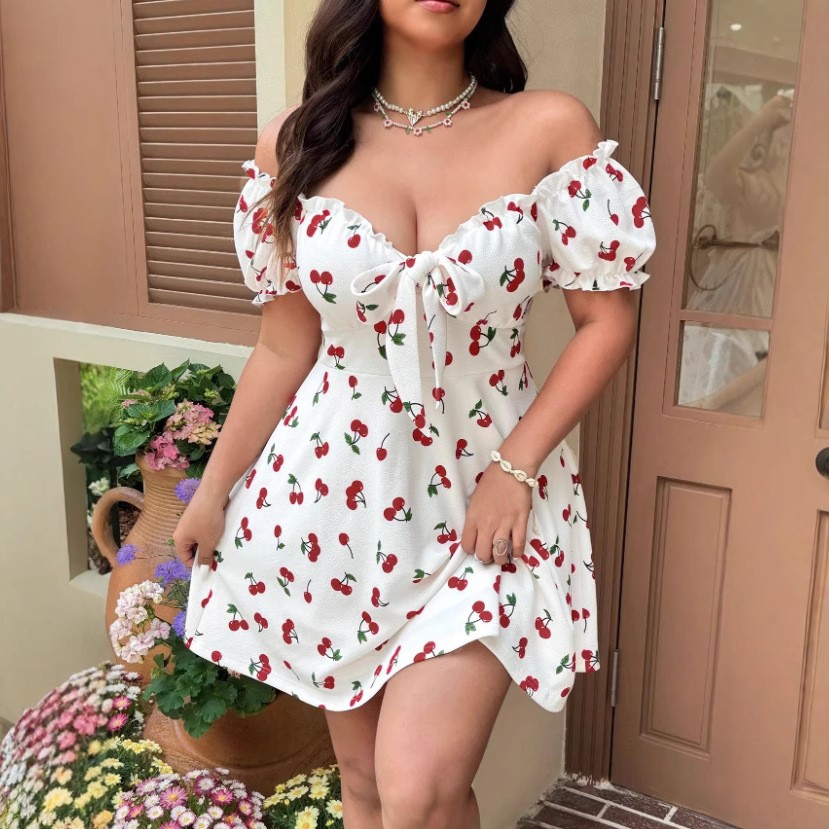 Summer Woman Dress Floral Prin - Off Shoulder Puff Sleeve Sundress recension och pris