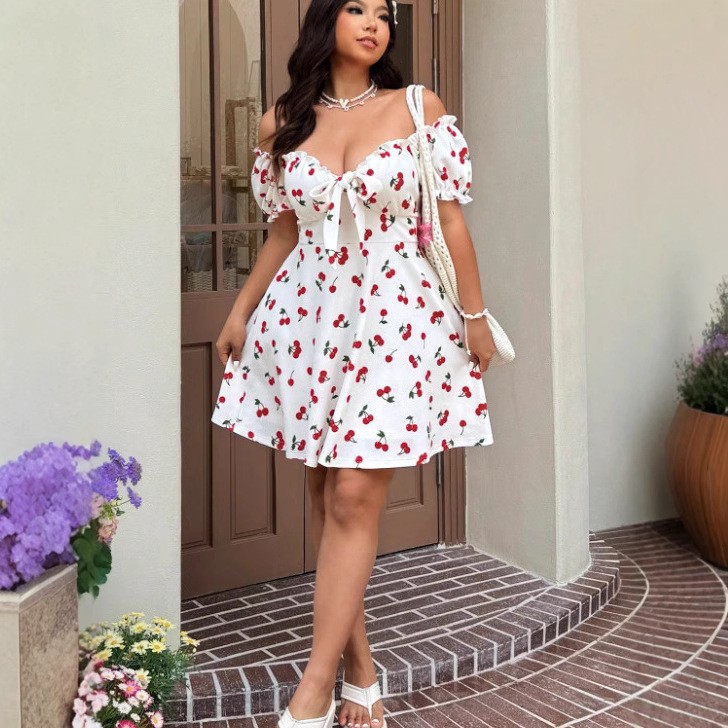 Summer Woman Dress Floral Prin - Off Shoulder Puff Sleeve Sundress recension och pris