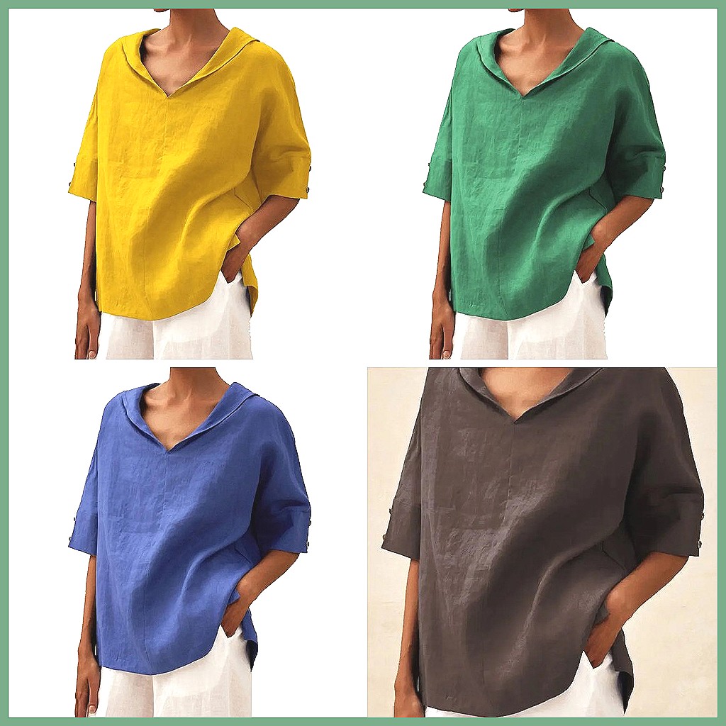 Women's Loose V-Neck Cotton Li - Blouses recension och pris