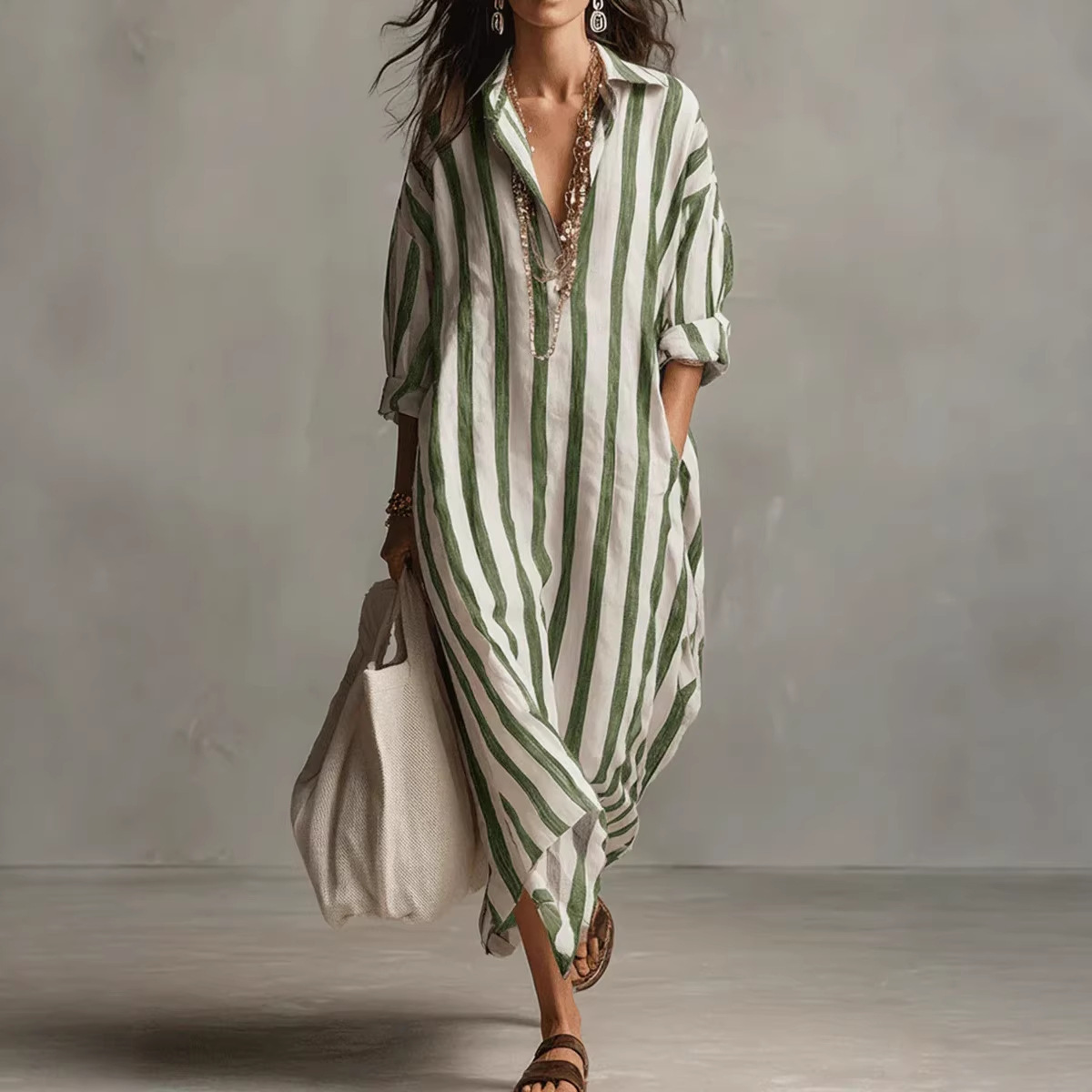 Summer Elegant Turn Down Colla - Casual Loose Linen Shirt Dress recension och pris