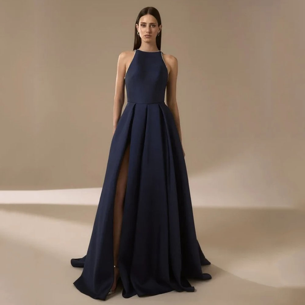 Navy Blue Satin Evening Dresse - Elegant Satin Evening Gown Split recension och pris