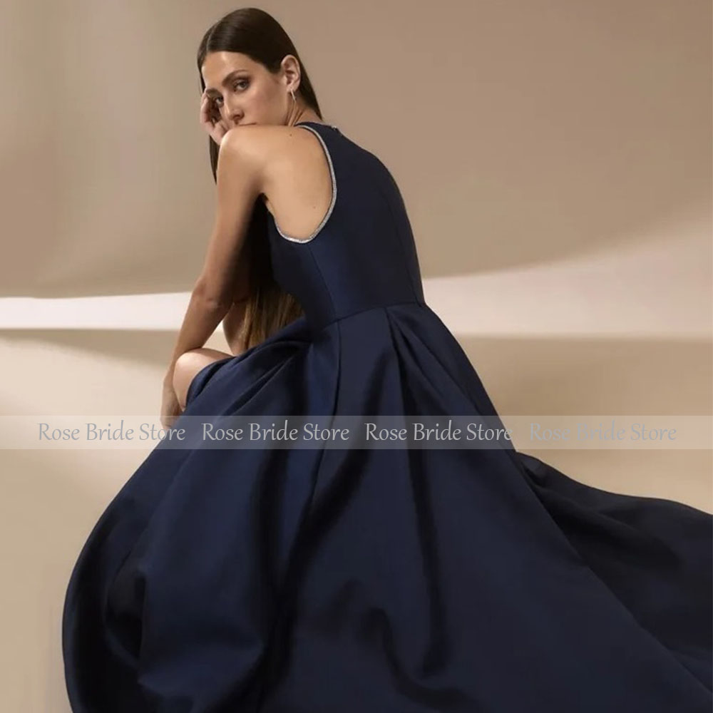 Navy Blue Satin Evening Dresse - Elegant Satin Evening Gown Split recension och pris