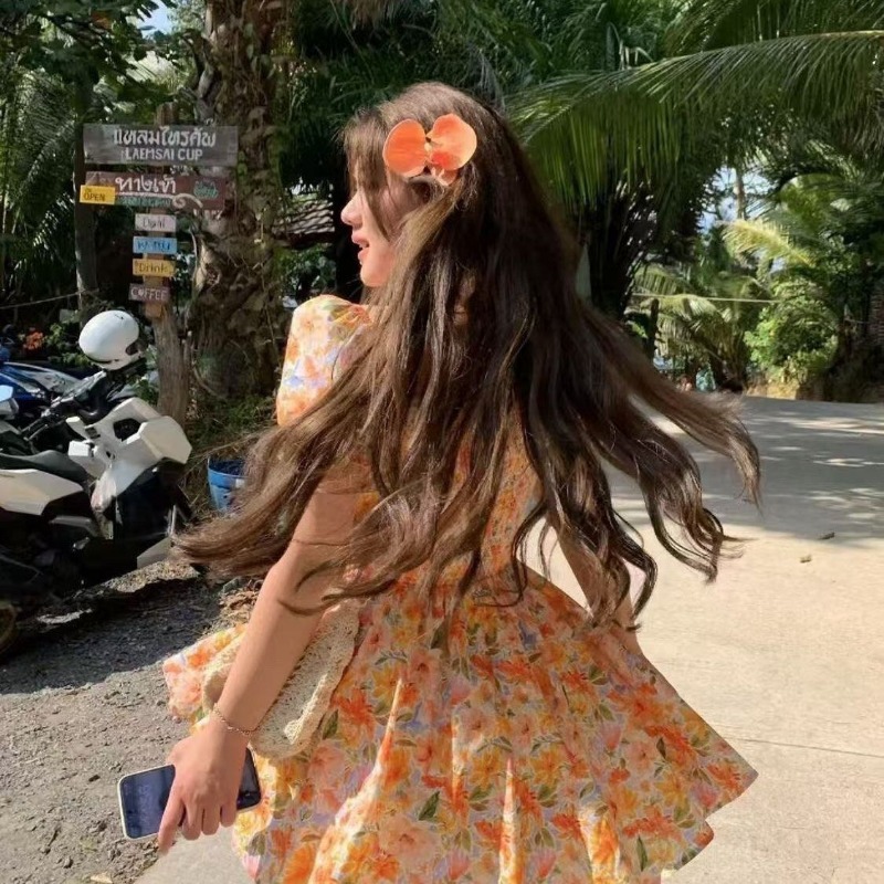 Hotsale Orange Floral Print Of - Off Shoulder Puff Sleeve Sundress recension och pris
